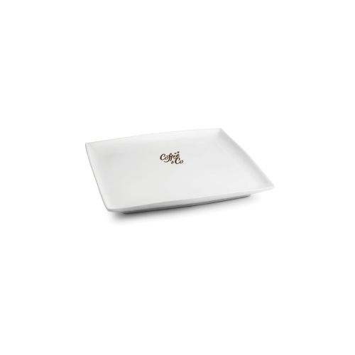 Square Squito plate 10 cm porcelain with CoffeeCo logo in one colour on top.
