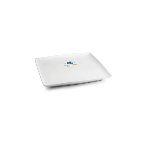 Square Squito plate 10 cm porcelain with multi-coloured TableTrend logo on top.