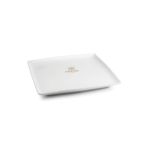 Vierkant Squito bord 16 cm van porselein met meerkleurig logo CorkColor op het vooraanzicht.