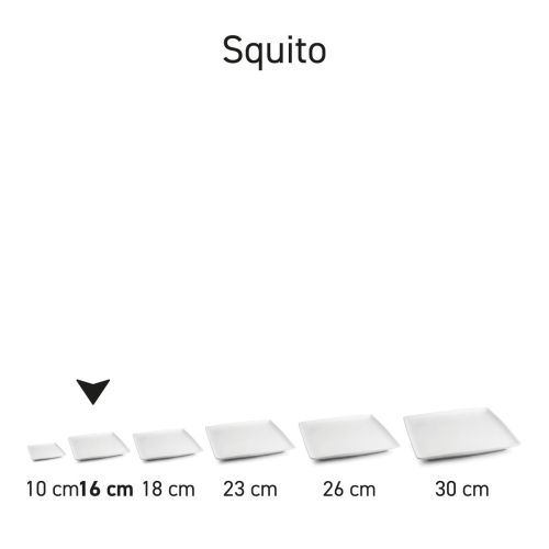 Serie van vierkante Squito borden in porselein, overzicht van meerdere exemplaren naast elkaar.