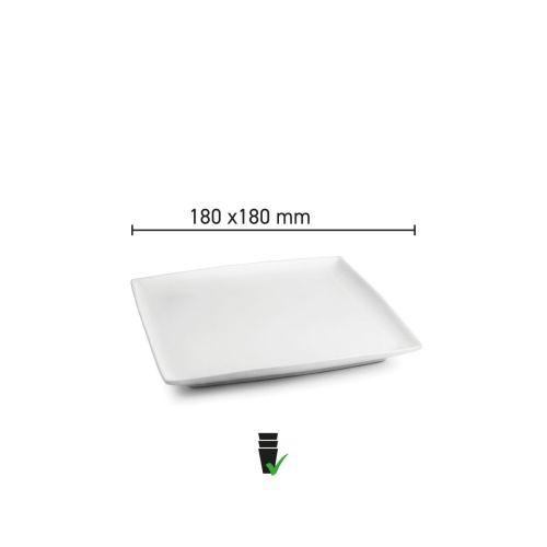 Infographic met afmetingen van het vierkante Squito bord 18 cm in porselein.