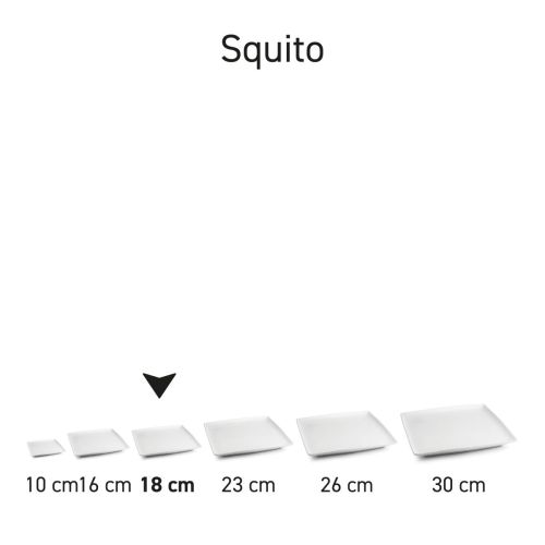 Overzicht van de Squito borden van serie in porselein, meerdere vierkante borden naast elkaar.