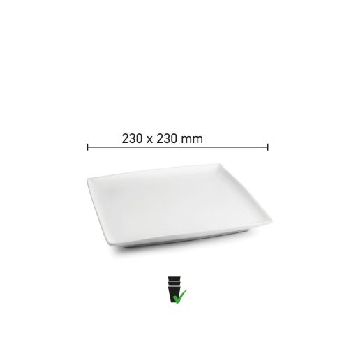 Vierkant Squito bord 23 cm van porselein met infographic van productafmetingen en formaatweergave.