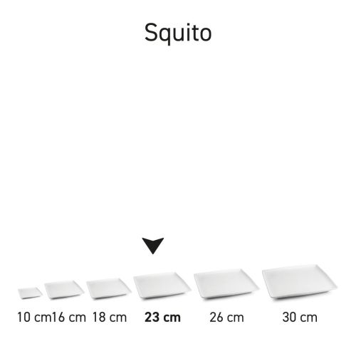 Overzicht van de Squito serie in porselein, meerdere vierkante borden naast elkaar.