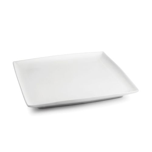Vierkant Squito bord van 26 cm in wit porselein, vooraanzicht met breed en vlak serveeroppervlak.