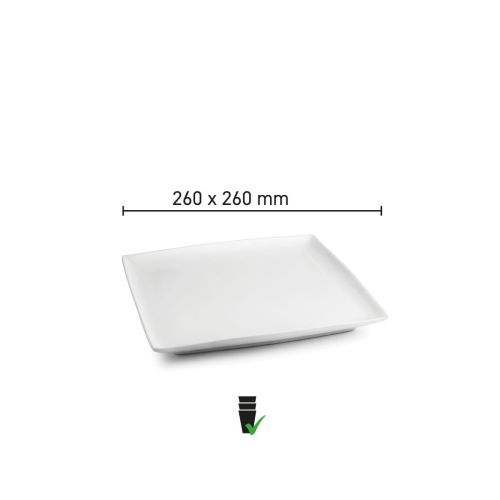 Vierkant Squito bord 26 cm van porselein met infographic van productafmetingen en formaatweergave.