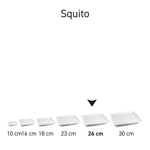Serie van vierkante Squito borden in porselein, overzicht van meerdere exemplaren samen.