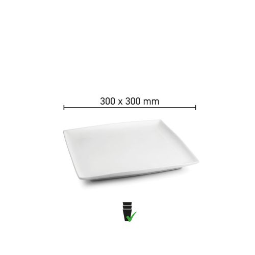 Infographic met afmetingen van het vierkante Squito bord 30 cm in porselein.