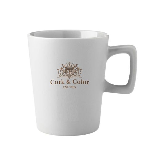 White Calvin mug 29 cl. porcelain with logo in one colour CorkColor visible on front view.