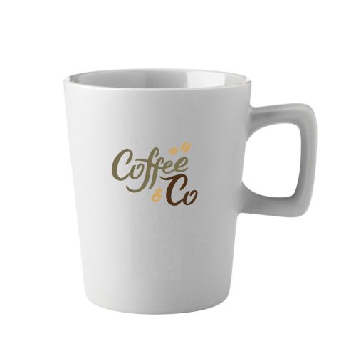 Calvin mug 29 cl. porcelain with colourful CoffeeCo logo in multiple shades on the front.
