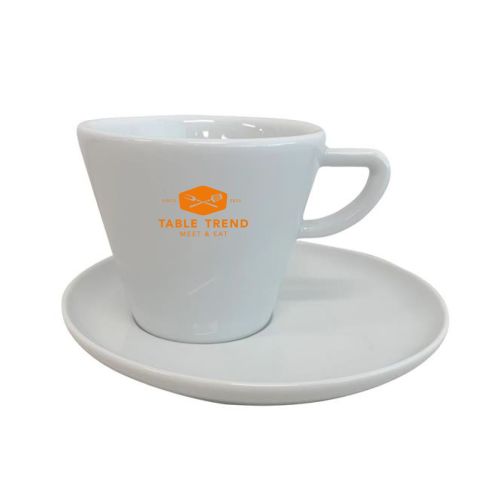 Delta cappuccino kop 20 cl porseleinen set met éénkleurig logo op voorzijde, cappuccino kopje met schotel.
