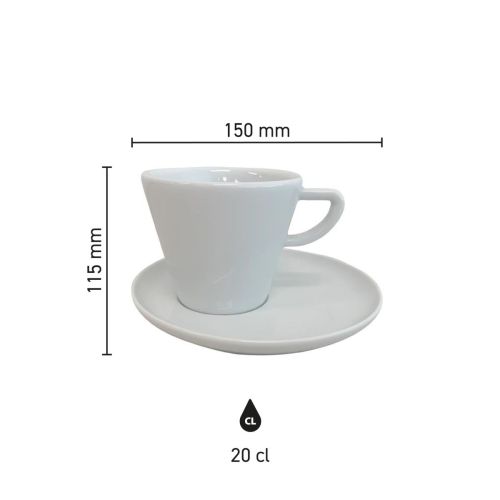 Infographic met productafmetingen van Delta cappuccino kop 20 cl porselein, met hoogte en diameter van kop en schotel.