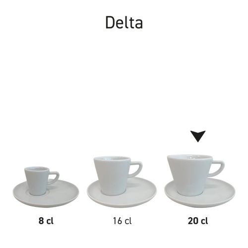 Serie Delta kop en schottels van porselein met bijpassende schotels, meerdere cappuccino sets naast elkaar.