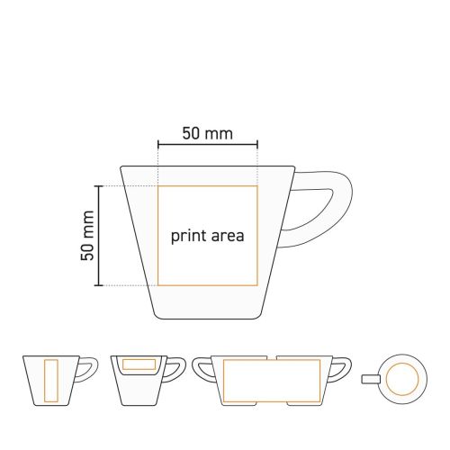Werktekening van Delta cappuccino kop 20 cl porselein met gemarkeerd drukgebied op de kop voor logo plaatsing.