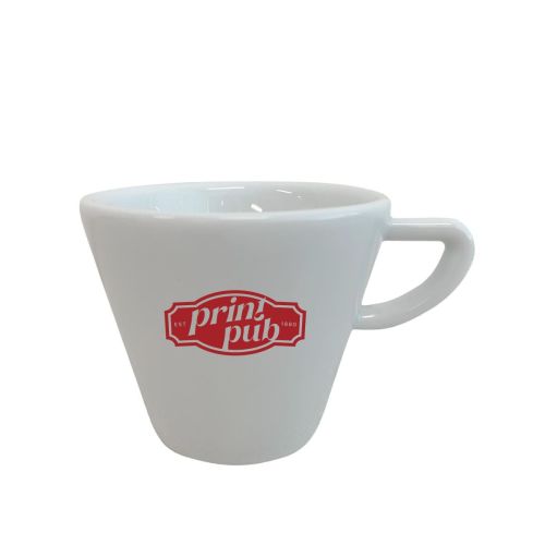 Delta cappuccino kop 20 cl van porselein met PrintPub logo in één kleur op de voorzijde, koffiekop met oor voor cappuccino.