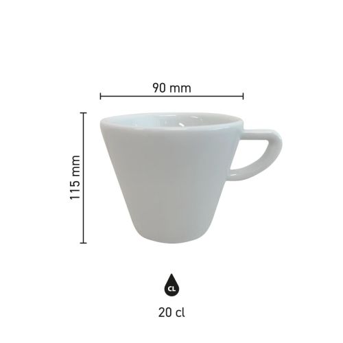 Infographic met productafmetingen van Delta cappuccino kop 20 cl porselein, overzicht van hoogte, diameter en inhoud.