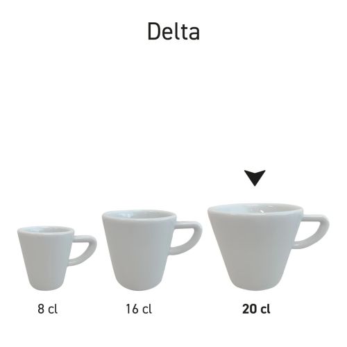 Serieopstelling van Delta cappuccino kop 20 cl porselein, meerdere Delta koppen naast elkaar uit dezelfde servieslijn.