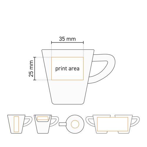 Technische werktekening van Delta espresso set 8 cl porselein met aangeduid drukgebied voor logo op de kop.