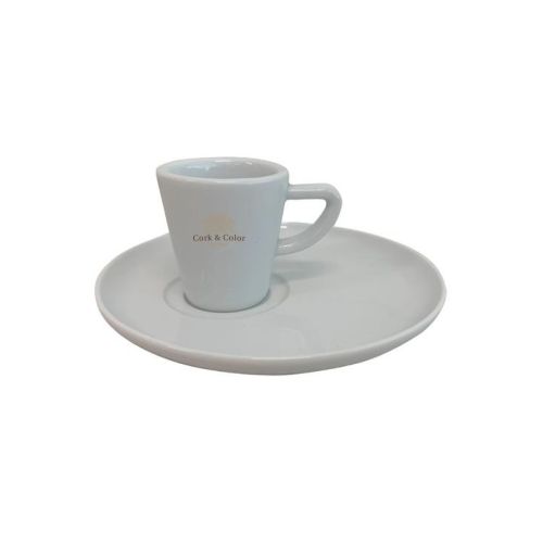 Porseleinen Delta espresso set 8 cl met CorkColor logo in meerdere kleuren op de kop, espresso kop met bijpassende schotel.