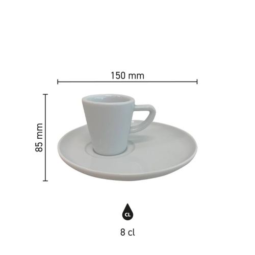 Infographic met productafmetingen van Delta espresso set 8 cl porselein, overzicht van kop en schotel met hoogte en diameter.