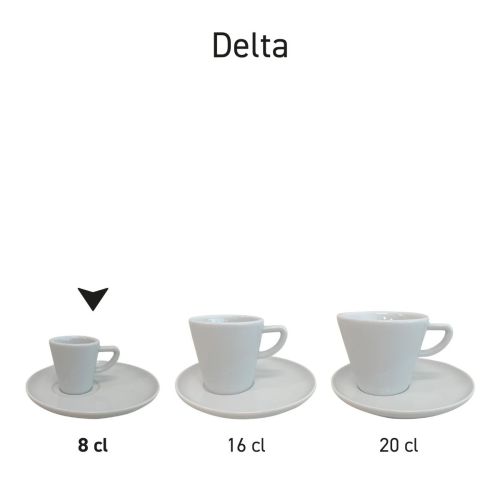 Delta espresso set 8 cl. porselein gepresenteerd in serie, meerdere kop en schotel sets naast elkaar opgesteld.