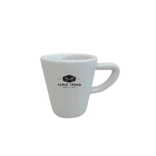 Delta espresso kop 8 cl van porselein met TableTrend logo in één kleur op voorzijde, kleine espresso kop voor horeca en koffieservice.
