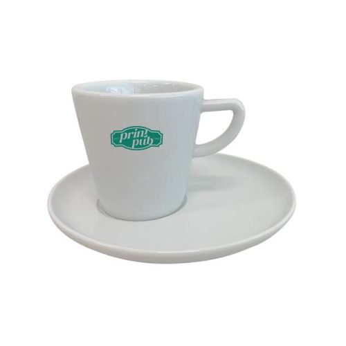 Delta koffie SET 16 cl met éénkleurig logo op voorzijde, bedrukt koffiekopje met schotel.