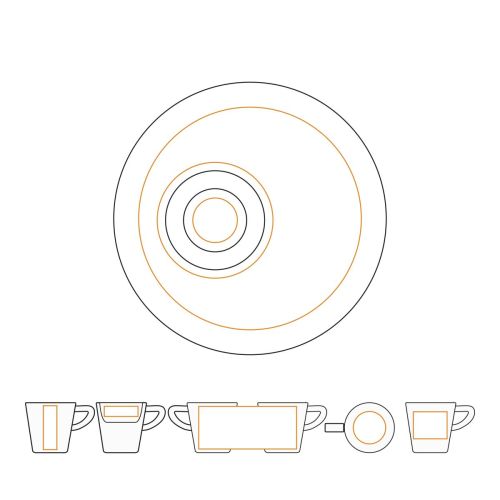 Technische werktekening van Delta koffiekopje 16 cl porselein met gemarkeerd drukgebied voor logo.