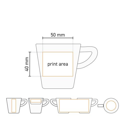 Technische werktekening van Delta koffie kop 16 cl porselein met gemarkeerd drukgebied voor logo op de buitenzijde van de kop.