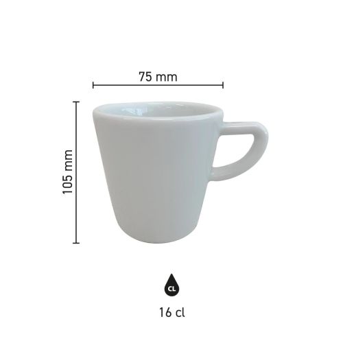 Infographic met productafmetingen van Delta koffie kop 16 cl porselein, overzicht van hoogte, diameter en inhoud van de koffiekop.