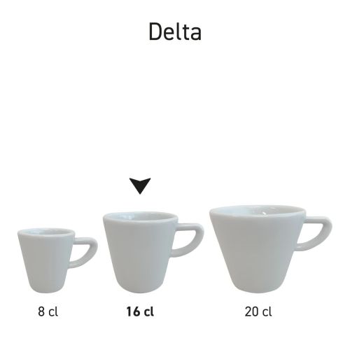 Serieopstelling van Delta koffie koppen van porselein, meerdere koffiekoppen naast elkaar als onderdeel van een uniforme servieslijn.