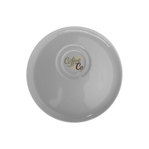 Porcelain Delta saucer 15 cm with CoffeeCo logo in multiple colours on front view, printed coffee saucer.