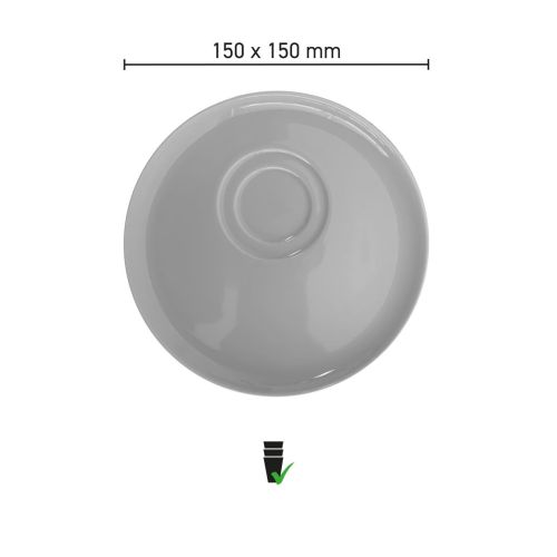 Infographic showing product dimensions of Delta saucer 15 cm porcelain, overview of diameter and size of coffee saucer.
