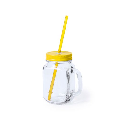 Drink Jar Country 48 cl glas met geel deksel in vooraanzicht, glazen drinkpot met schroefdeksel.