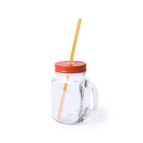 Drink Jar Country 48 cl glas met oranje deksel in vooraanzicht, transparante mason jar 48 cl.