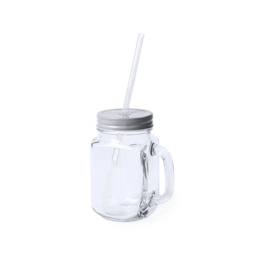 Drink Jar Country 48 cl glas met zilver deksel in vooraanzicht, glazen drinkbeker met schroefdop.