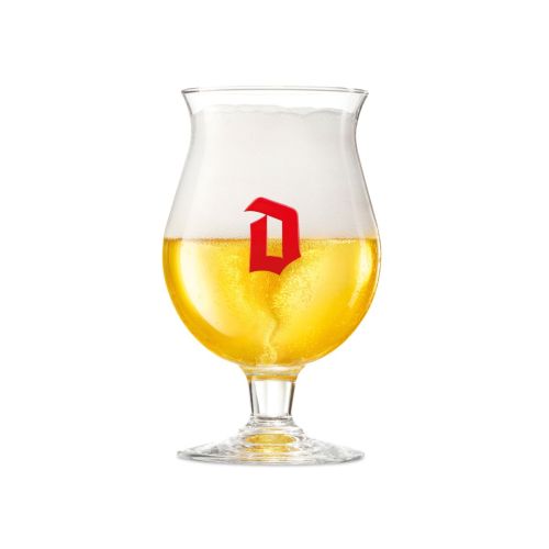 Vooraanzicht van Duvel bierglas 33 cl van helder glas met tulpvormige kelk en korte steel op stevige voet