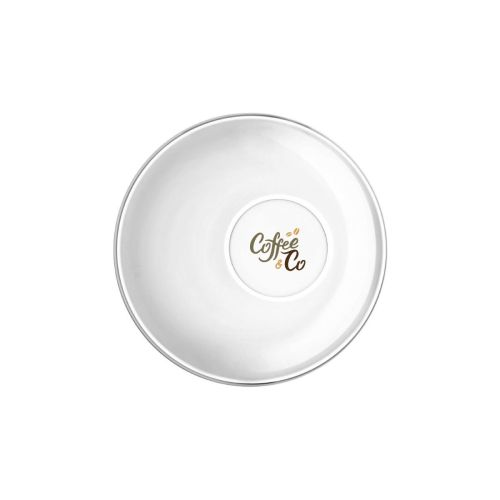 Easy Bar espresso schotel 14 cm van glas met CoffeeCo-logo in meerdere kleuren op het vooraanzicht.