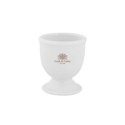 Porseleinen eierdopje Essentials met CorkColor-logo in één kleur op de voorkant, wit servies met bedrukking.