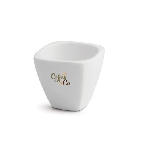 Squito porcelain egg cup with multicoloured CoffeeCo logo on the front view.
