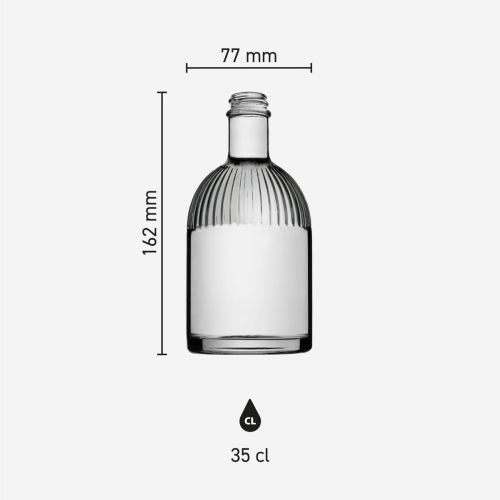 Infographic van glazen fles Florence 0,35 liter met overzicht van productafmetingen zoals hoogte en diameter.