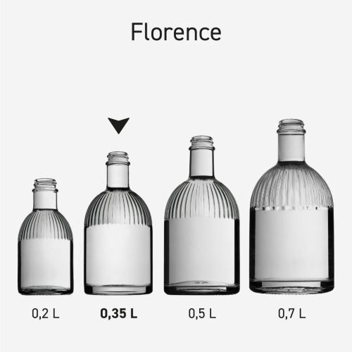 Serie Florence flessen in glas, naast elkaar opgesteld om variaties en eenheid te tonen.