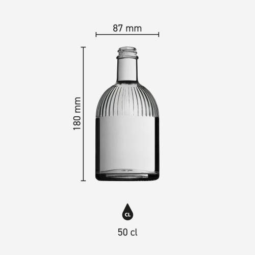 Infographic van Florence fles 0,5 liter met productafmetingen zoals hoogte, diameter en inhoud overzichtelijk weergegeven.