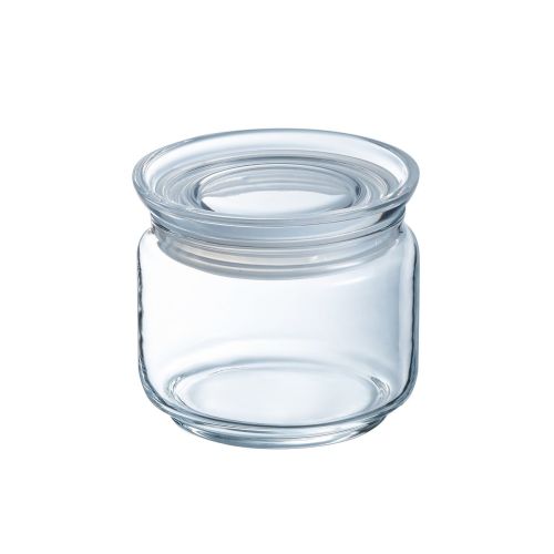 Glazen voorraadpot van 0,5 liter met glazen deksel, transparant potje voor keukenopslag in vooraanzicht.