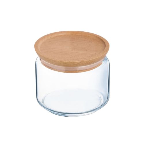 Glazen voorraadpot van 0,5 liter met houten deksel, transparante bewaarpot in strak vooraanzicht.