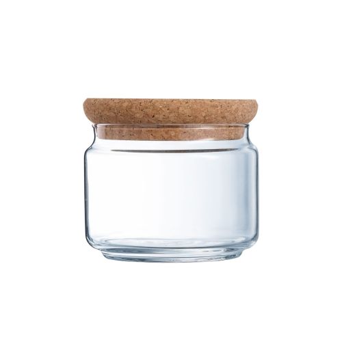 Glazen voorraadpot van 0,5 liter met kurken deksel, transparante pot voor keukenopslag in vooraanzicht.