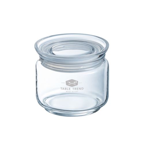 Glazen pot van 0,5 liter met deksel en gegraveerd TableTrend-logo op het vooraanzicht van de pot.
