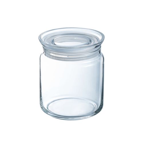 Glazen voorraadpot van 0,75 liter met glazen deksel, transparante bewaarpot in strak vooraanzicht.