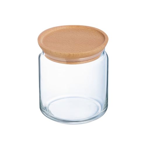Glazen voorraadpot van 0,75 liter met houten deksel, transparante bewaarpot in helder vooraanzicht.
