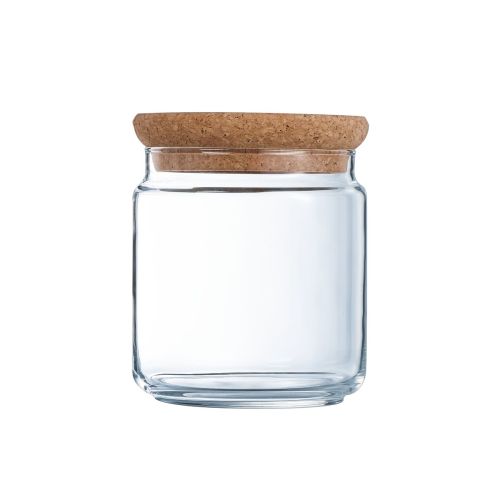 Glazen voorraadpot van 0,75 liter met kurken deksel, transparante pot voor keukenopslag in vooraanzicht.